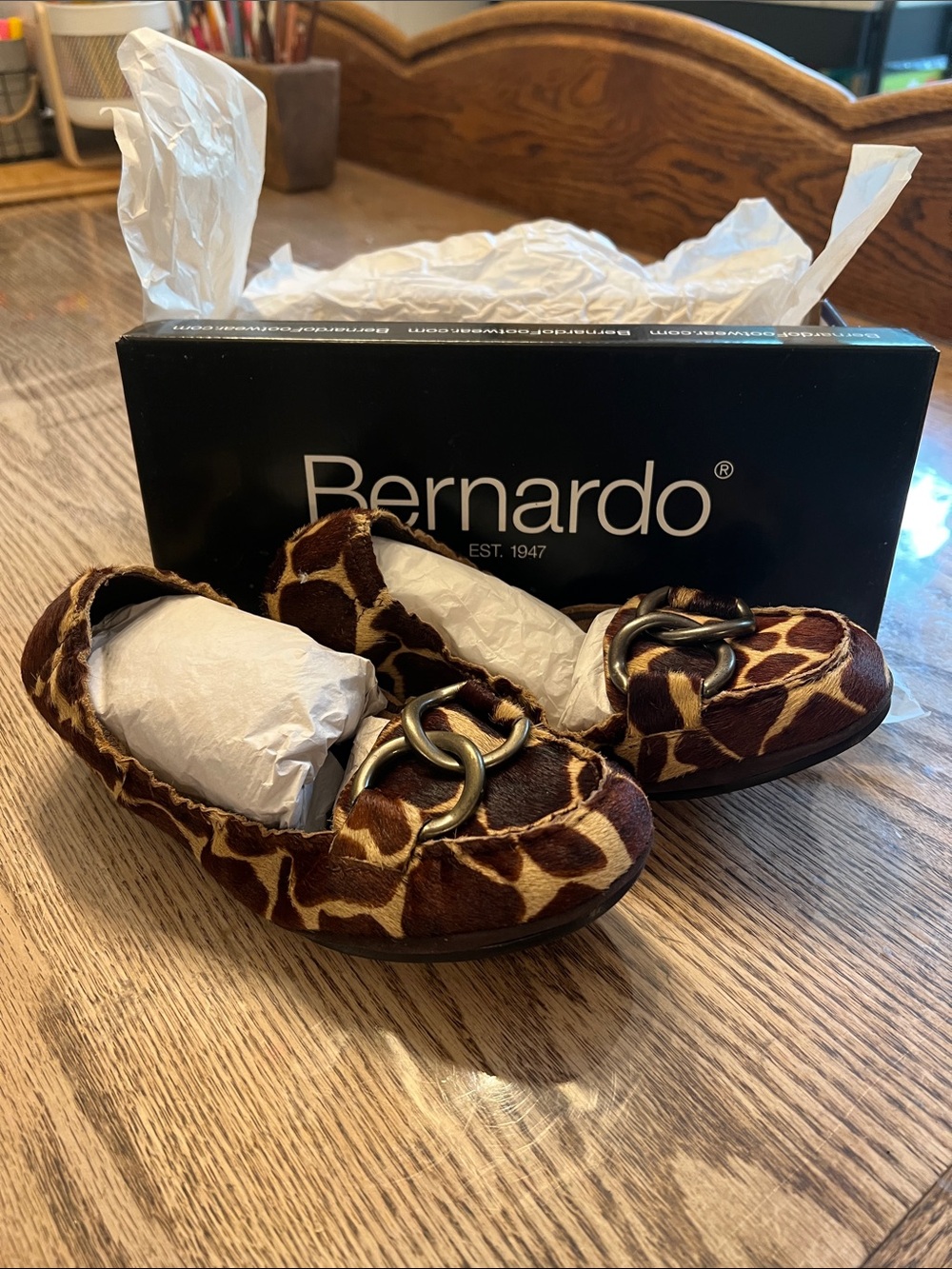 Bernardo Women’s Giraffe-Print Moccasin Ballet flat slip-ons in Brown and Cream